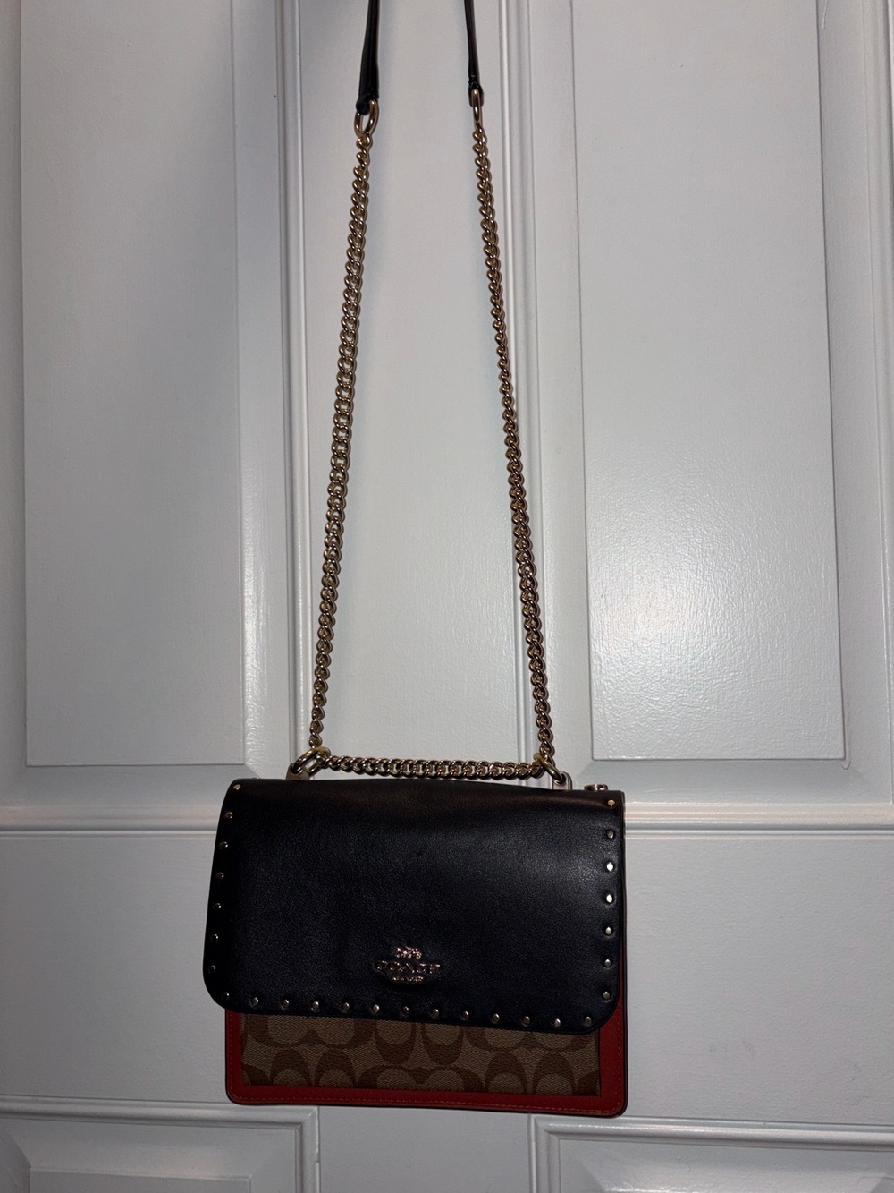 Coach Black and Brown Leather Crossbody with Gold Chain